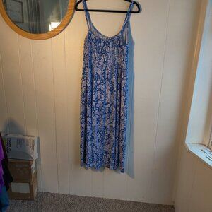Loft Sundress with smocking, pleats & a beach Blue & White patterned fabric. L